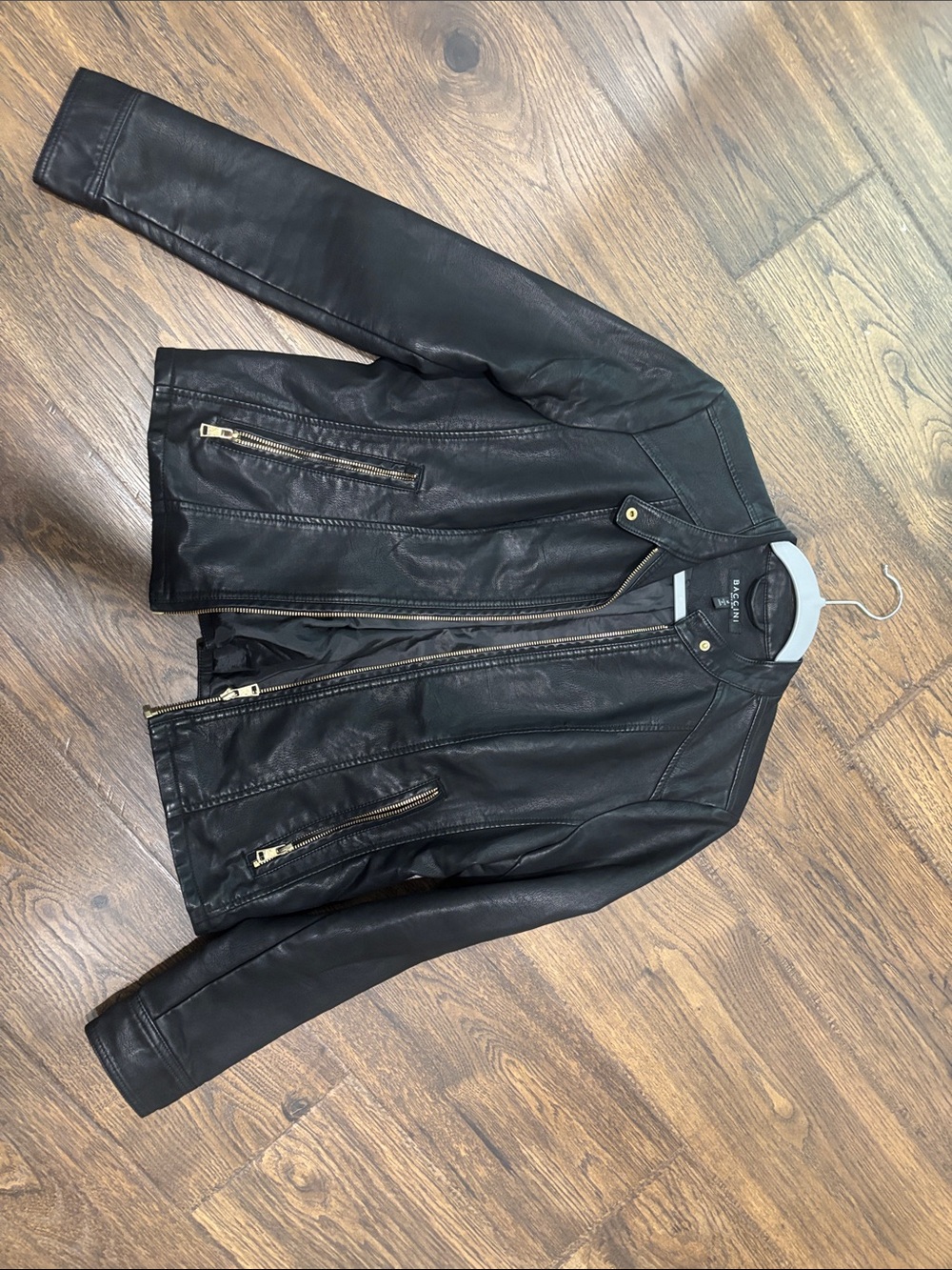 Baccini Black Leather Jacket with Gold Zippers